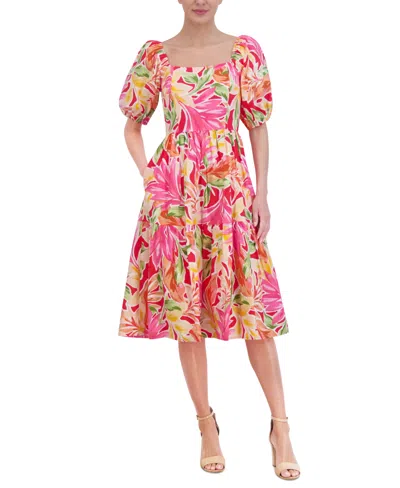 Shop Vince Camuto Women's Floral-print Puff-sleeve Midi Dress In Pink Multi
