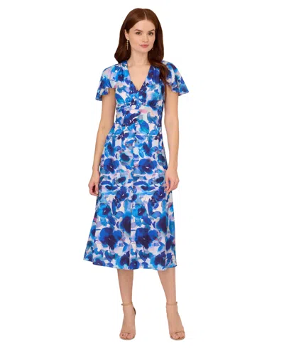 Shop Adrianna Papell Women's Printed Chiffon Midi Dress In Blue Multi