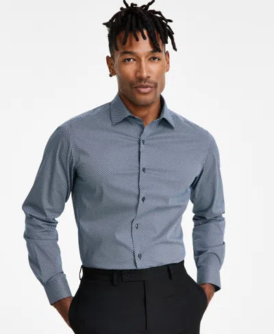 Alfani Men's Slim-fit Temperature Regulating Geo-print Dress Shirt, Created For Macy's In Navy Blue