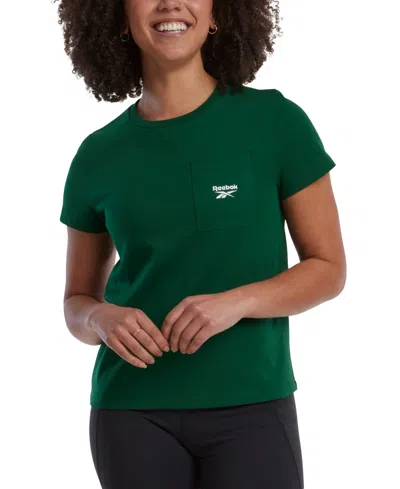 Shop Reebok Women's Active Small-logo Pocket Cotton T-shirt In Dark Green