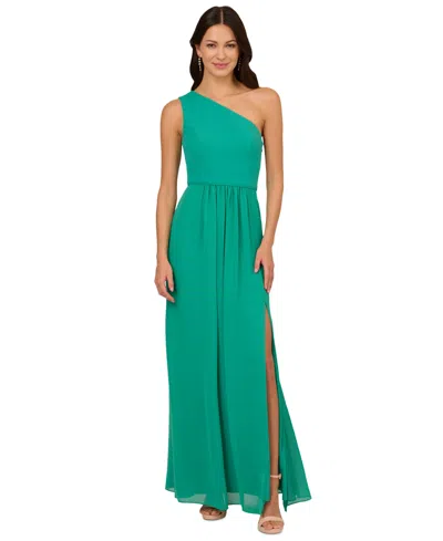Shop Adrianna Papell One-shoulder Chiffon Gown In Botanical Green