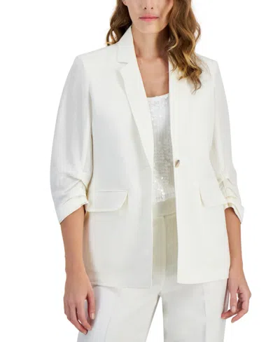 Shop Anne Klein Women's Linen-blend, One-button Scrunch Sleeve Blazer In Bright Whi