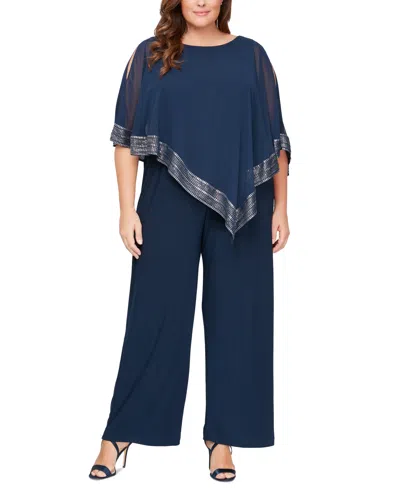 Shop Sl Fashions Plus Size Asymmetrical-overlay Jumpsuit In Navy,silver