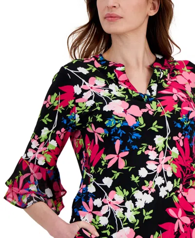 Shop Kasper Women's Printed Split-neck Flutter-sleeve Tunic In Black,tutu Pink Mlt