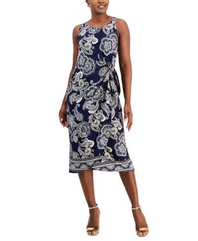 Shop Robbie Bee Women's Sleeveless Sarong-style Jersey-knit Dress In Navy,tan