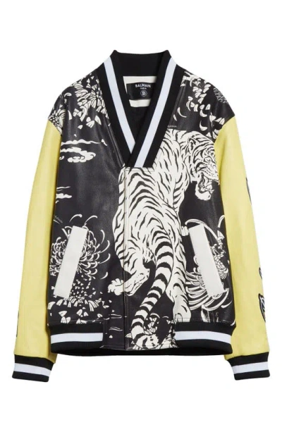 Shop Balmain Tiger Print Leather Jacket In Eie Black/ White/ Pale Yellow