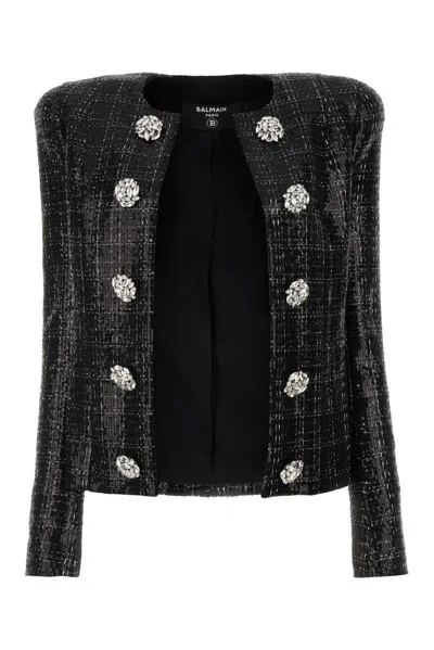 Shop Balmain Tweed Sequin Embellished Jacket In Black
