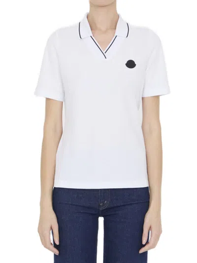 Shop Moncler Logo Patch Polo Shirt In Bianco