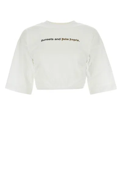 Shop Palm Angels Logo Printed Cropped T-shirt In Bianco/nero