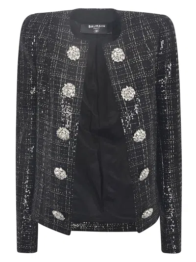 Shop Balmain Open Front Crystal Embellished Tweed Cardigan In Black