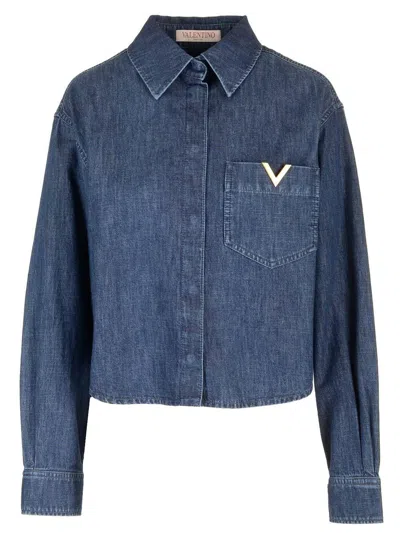 Shop Valentino Vlogo Signature Curved Hem Denim Shirt In Blue