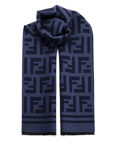 Shop Fendi Monogram Scarf In Wool And Silk In Blue
