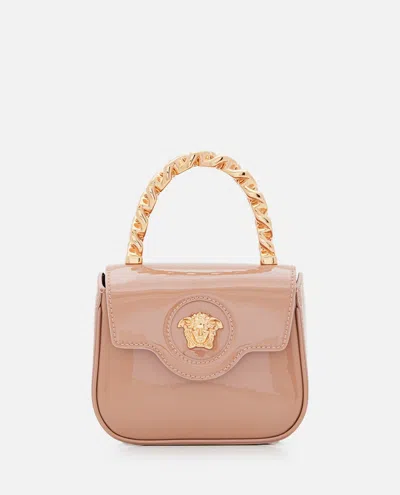 Shop Versace La Medusa Patent Leather Mini Bag In Rosa E Oro