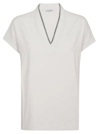 Shop Brunello Cucinelli Embellished V-neck T-shirt In White