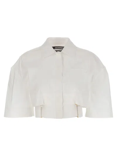 Shop Jacquemus La Chemise Courte Bari Cropped Shirt In White