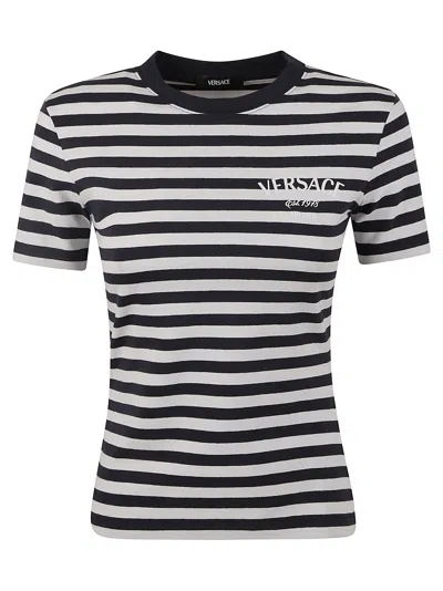 Shop Versace Stripe Logo T-shirt In White/navy/multicolor