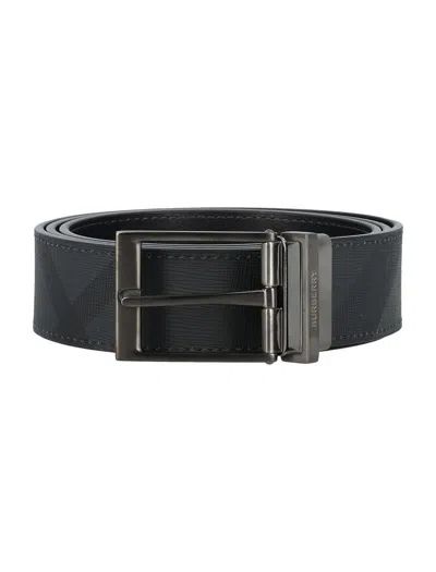 Shop Burberry Reversible Check Belt In Charcoal/graphite