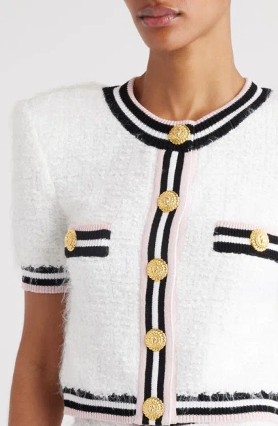 Shop Balmain Monogram Short Sleeve Crop Cardigan In Gqw White/ Black/ White/ Pink