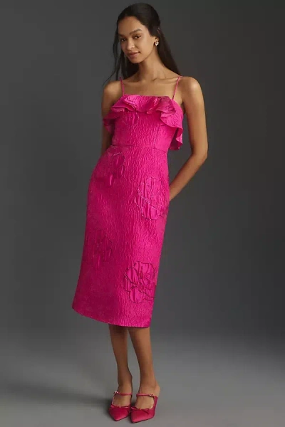 Shop ml Monique Lhuillier Cynthia Metallic Floral Jacquard Midi Dress In Pink