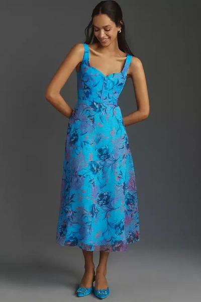 Shop ml Monique Lhuillier Elodie Sweetheart Floral Organza Midi Dress In Blue