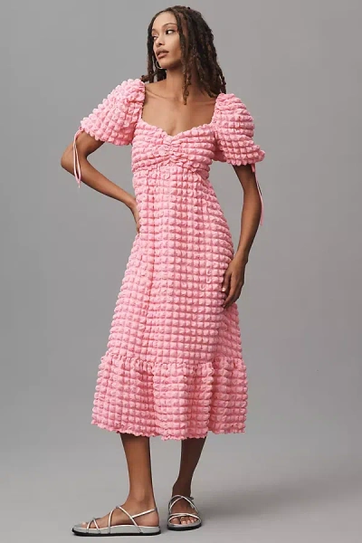 Shop Endless Rose Puff-sleeve Sweetheart Textured Midi Dress In Pink