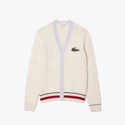 Shop Lacoste White And Light Blue Organic Cotton Cable Knitted Unisex Jacket With V Neck