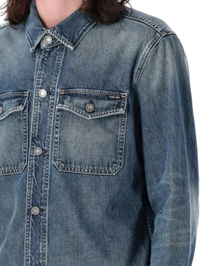 Shop Tom Ford Denim Shirt Jacket In Vintage Pale Blue