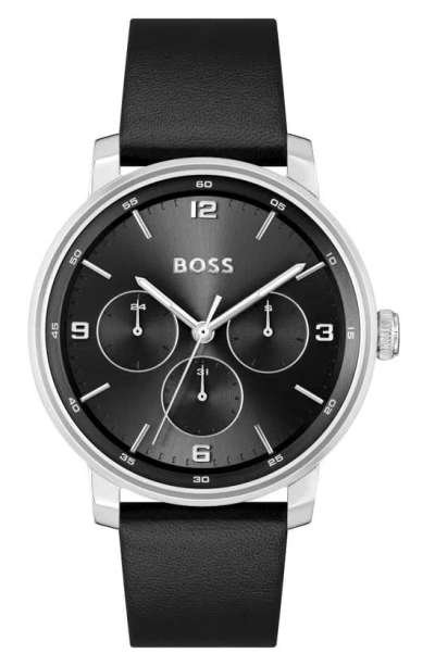 Shop Hugo Boss Contender Leather Strap Watch, 44mm In Black