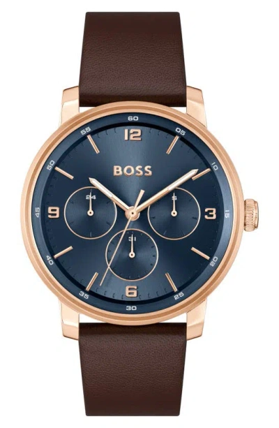 Shop Hugo Boss Contender Leather Strap Watch, 44mm In Blue