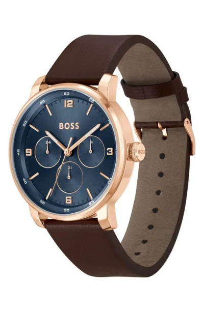 Shop Hugo Boss Boss Contender Leather Strap Watch, 44mm In Blue