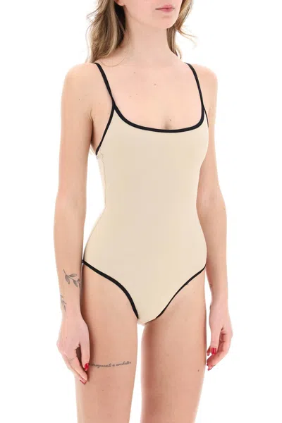 Shop Totême One-piece Swimsuit With Contrasting Trim Details In Beige
