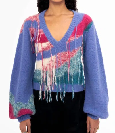 Shop Banjanan Maya V Neck Sweater In Feather Print In Blue