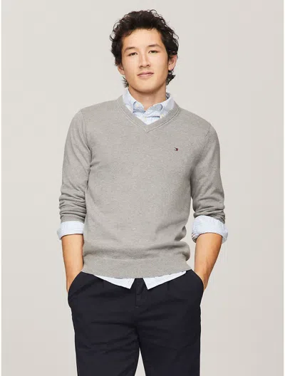 Shop Tommy Hilfiger Men's Flag Logo V-neck Sweater In Grey