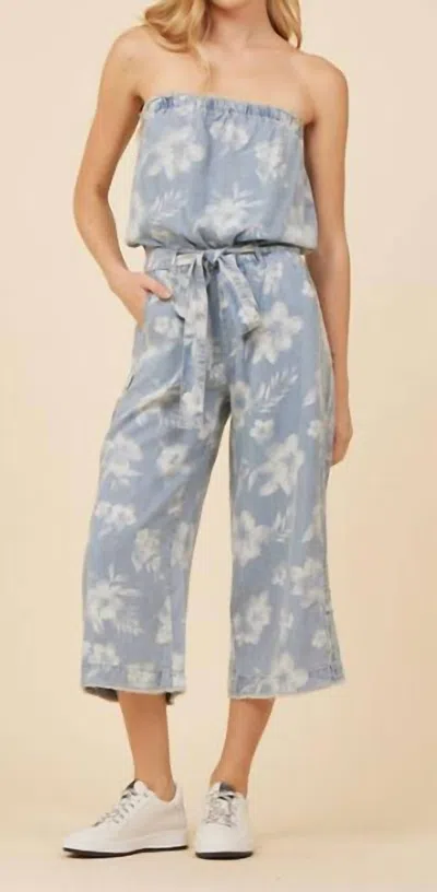 Vintage Havana Tropical Print Washed Jumpsuit In Blue In Multi