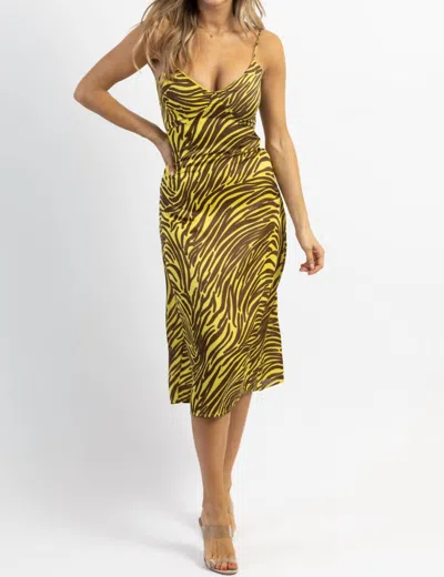 Endless Blu. Zebra Satin Midi Dress In Lime + Brown In Multi