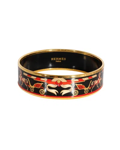 Shop Hermes Hermès Plated Black Background Enamel Wide Bracelet With Calache Design (62mm) In Gold