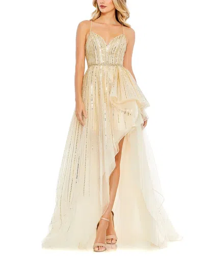 Shop Mac Duggal Embellished Sleeveless Draped A Line Gown In Gold