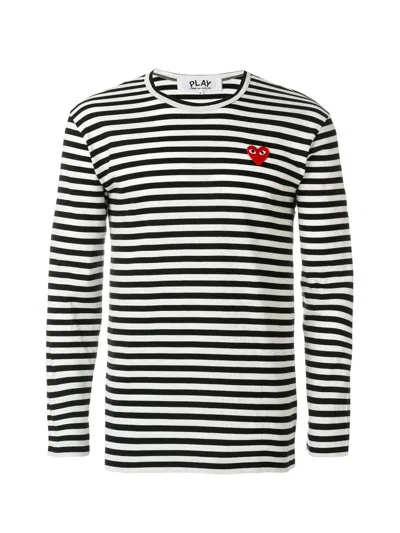 Shop Comme Des Garçons Play Play Striped T-shirt Red Heart In Black White