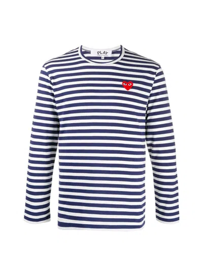 Shop Comme Des Garçons Play Play Striped T-shirt Red Heart In Navy White