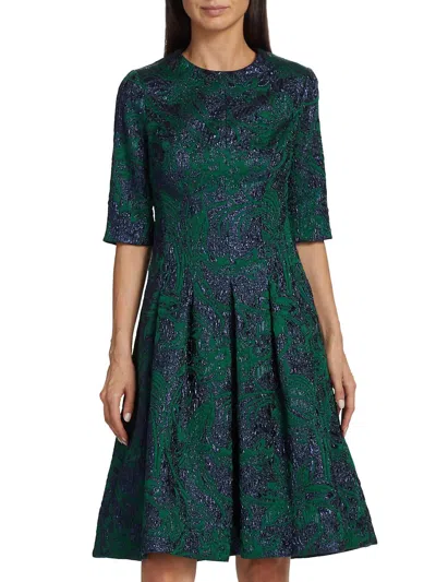 Shop Teri Jon Elbow Sleeve Jacquard Print Box Pleat Dress In Green/navy In Purple