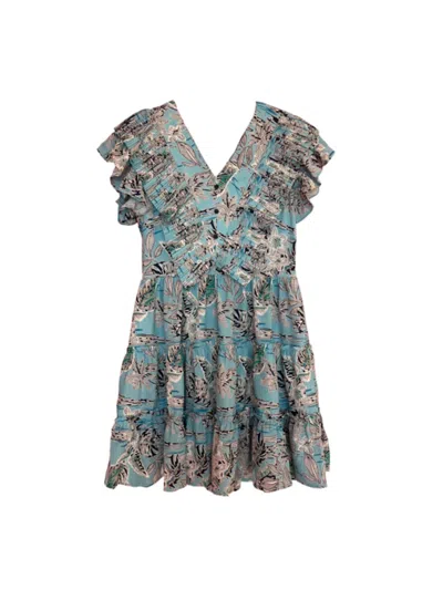 Shop Joy Joy Pleaty Tiered Dress In Blue Foliage