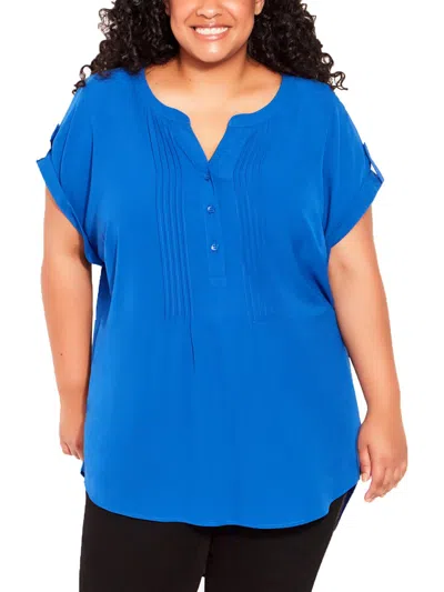Shop Avenue Plus Womens Pleated Button Blouse In Blue