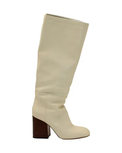 Shop Marni Block Heel Under Knee Boots In Cream Leather In White