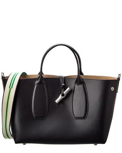 Shop Longchamp Roseau Medium Leather Handbag In Black