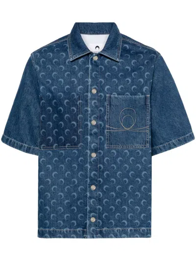 Shop Marine Serre Denim Workwear Shirt In Blue