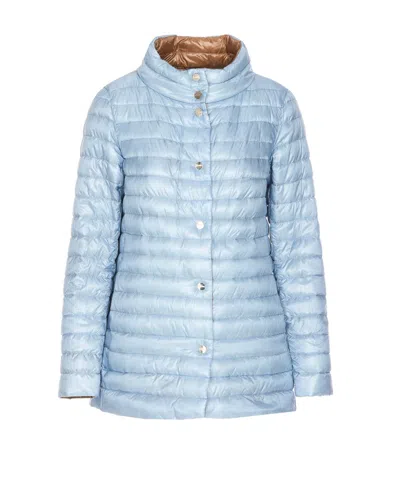 Herno Light Blue And Brown Down Jacket With Branded Buttons In Polyamide Woman In Blue