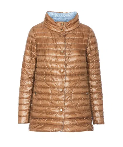 Herno Light Blue And Brown Down Jacket With Branded Buttons In Polyamide Woman In Blue