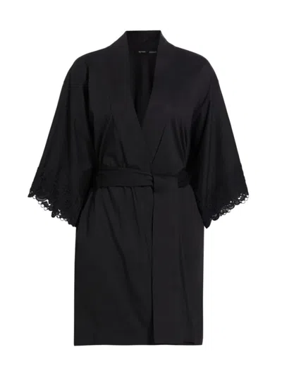 Shop Natori Women's Bliss Harmony Lace-trimmed Cotton Robe In Black