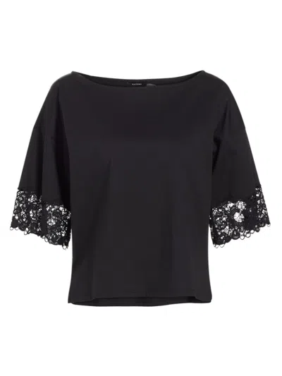 Shop Natori Women's Bliss Harmony Lace-trimmed Cotton Blouse In Black