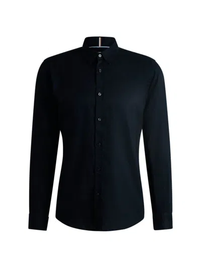 Shop Hugo Boss Men's Slim-fit Shirt In Stretch-linen Chambray In Dark Blue